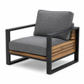 Sillón de exterior de aluminio y teca con cojines grises
