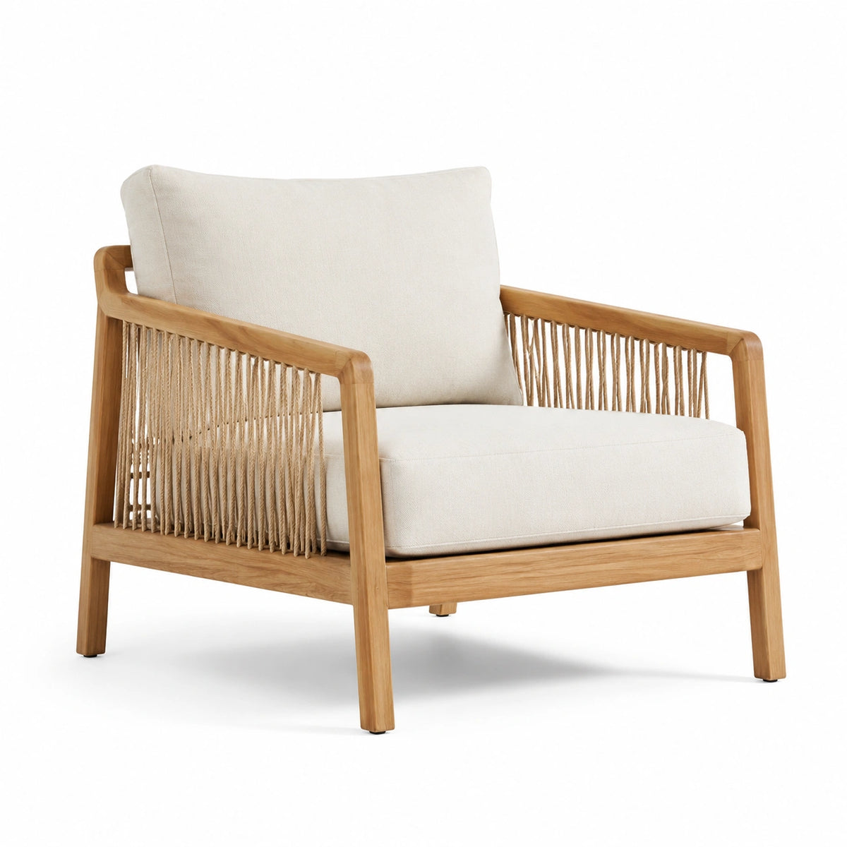 Sillón de madera con cojines de poliéster y armazón de cuerda de yute beige