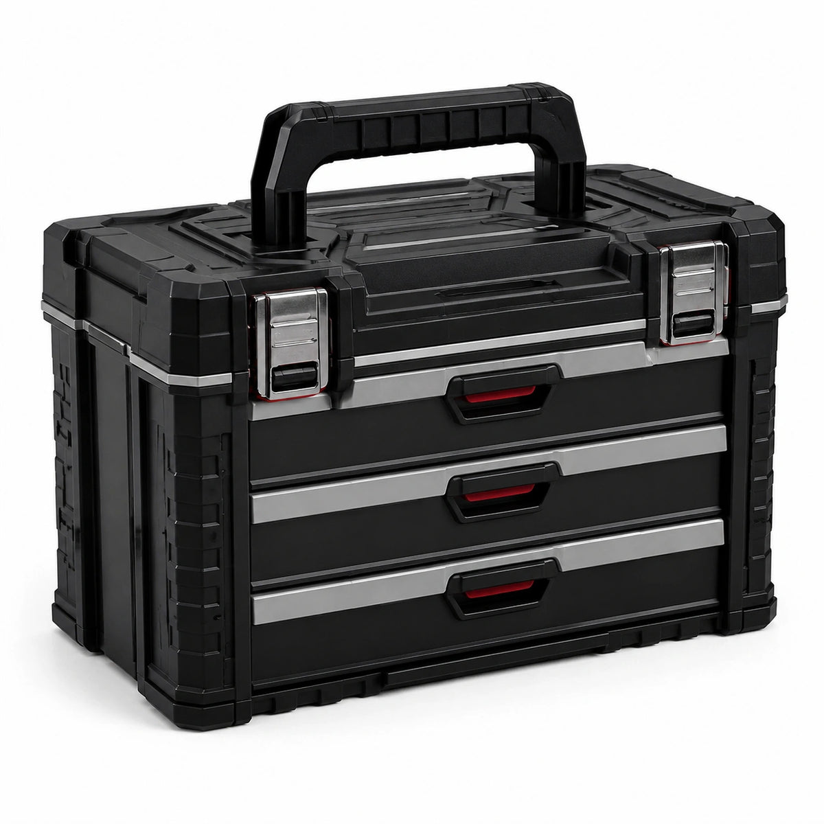 Caja de herramientas de plástico negro con 3 cajones