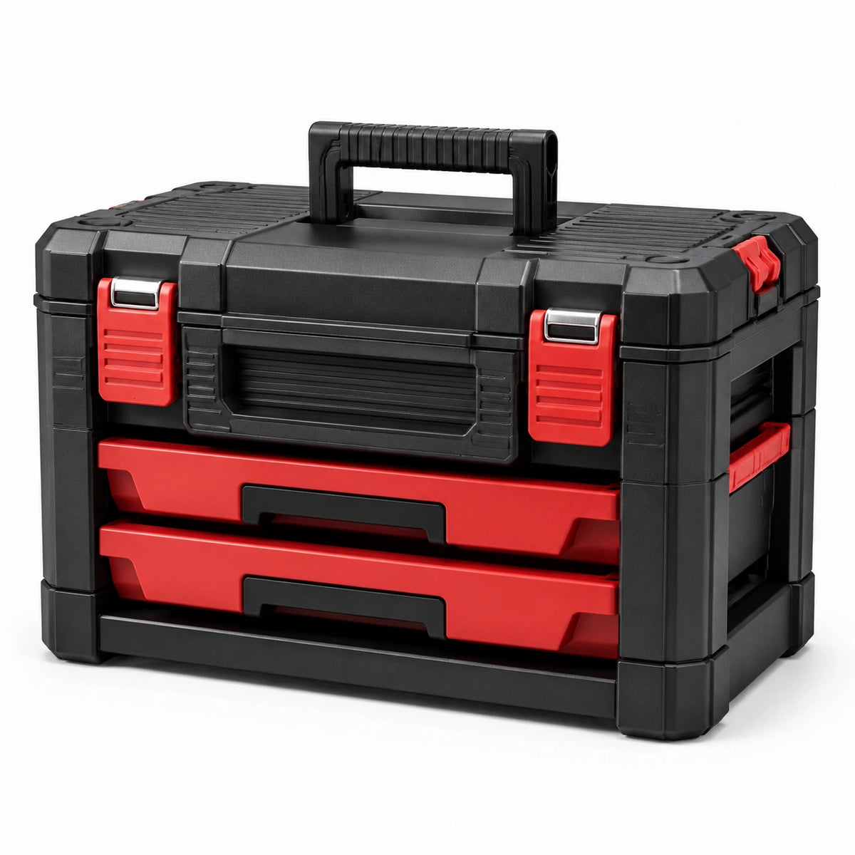 Caja de herramientas de plástico con cajones extraíbles negro/rojo