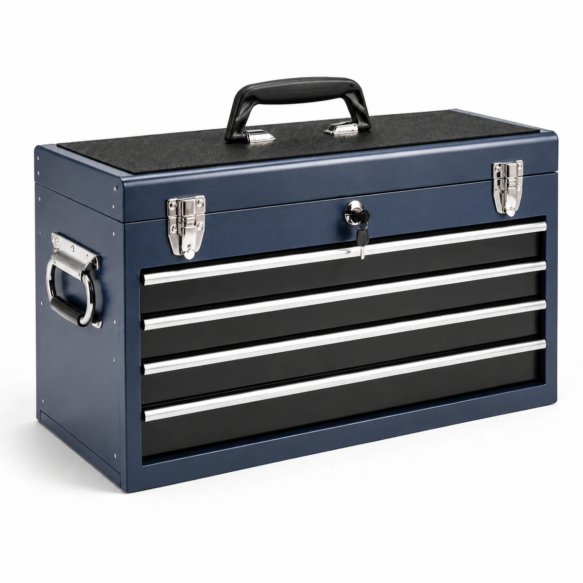 Caja de herramientas de metal con 4 cajones, azul y negro