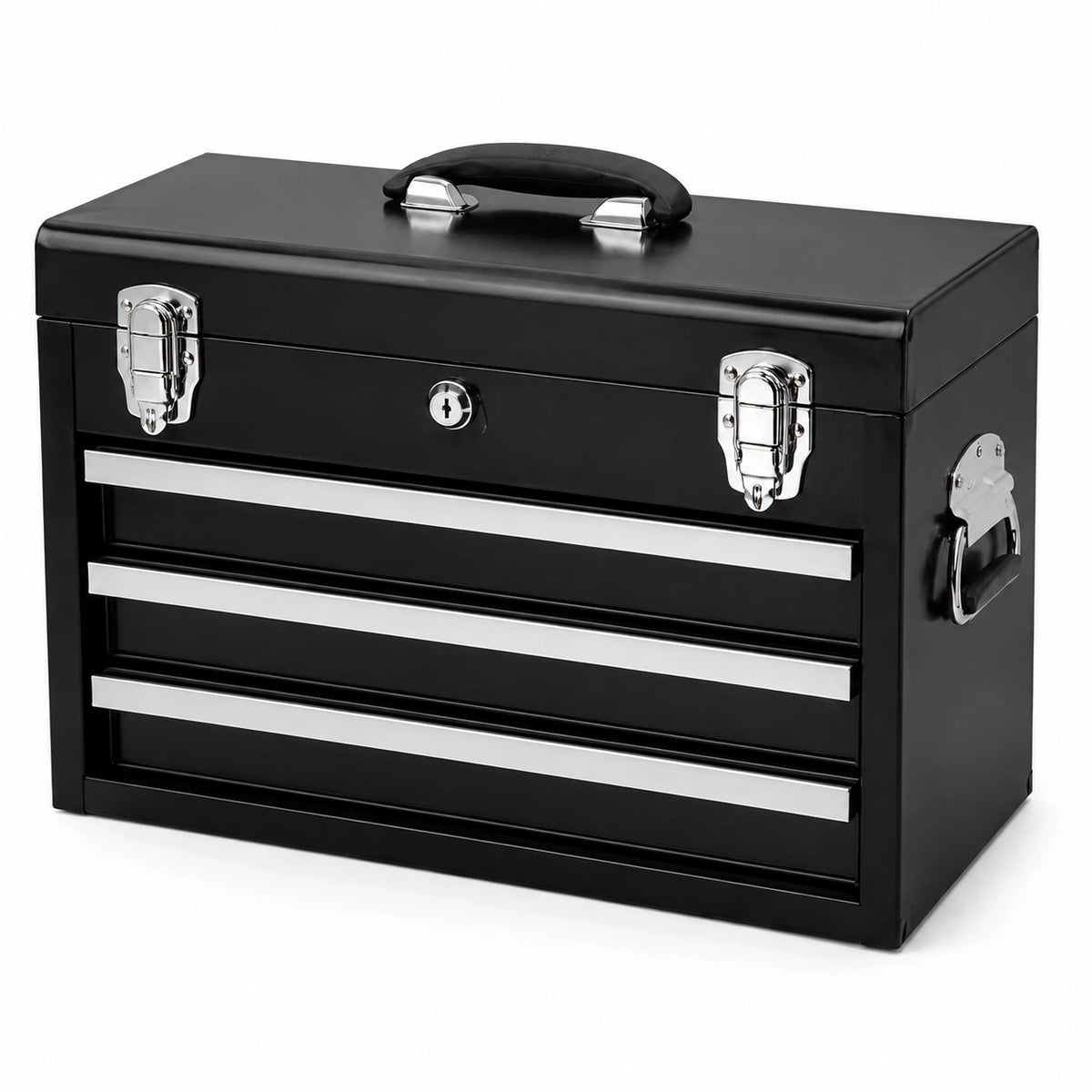Caja de herramientas de acero negro con cerradura y 3 cajones
