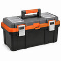 Caja de herramientas de plástico con cierres metálicos y compartimentos negro/naranja