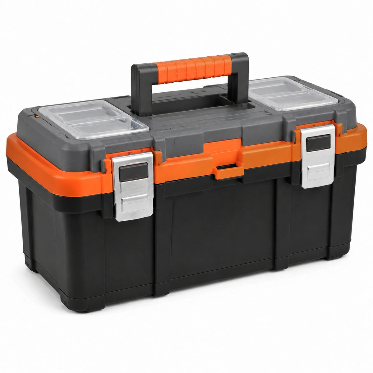 Caja de herramientas de plástico con cierres metálicos y compartimentos negro/naranja