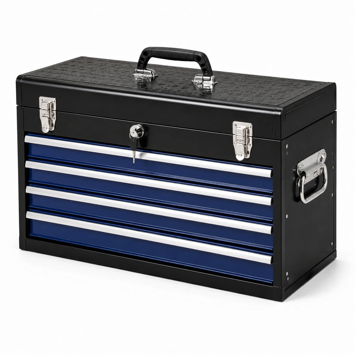 Caja de herramientas de acero con 4 cajones azul y negro