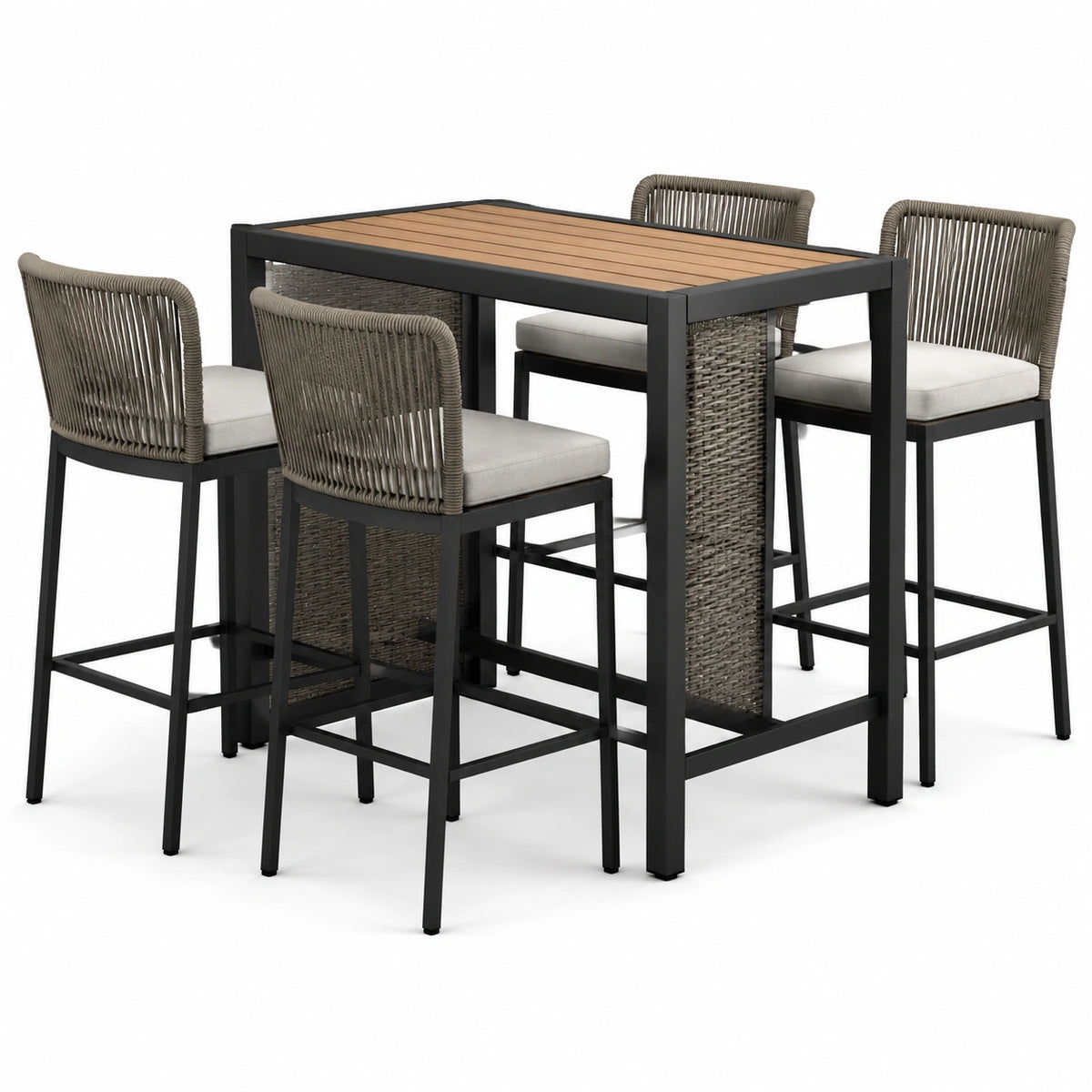 Conjunto de bar con mesa de aluminio y sillas de mimbre