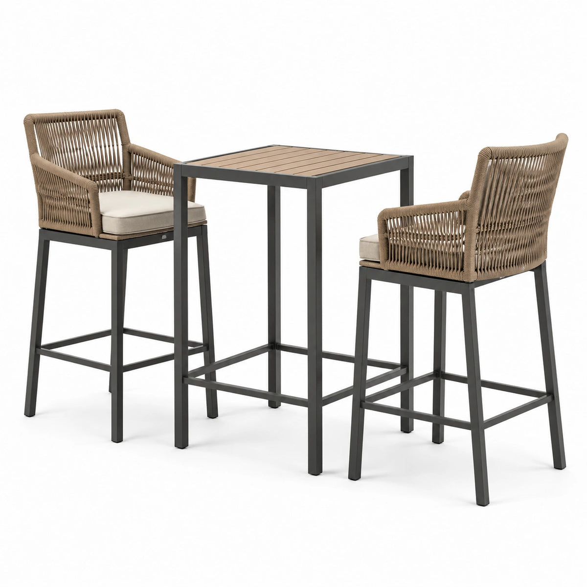 Conjunto de bar de aluminio y cuerda sintética para exterior, beige y negro