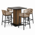 Conjunto de bar exterior con mesa de aluminio y madera y 4 sillas de mimbre, marrón y negro