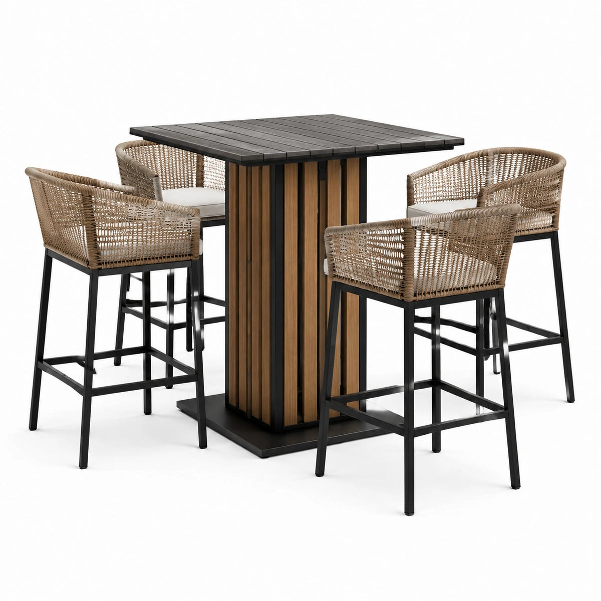 Conjunto de bar exterior con mesa de aluminio y madera y 4 sillas de mimbre, marrón y negro