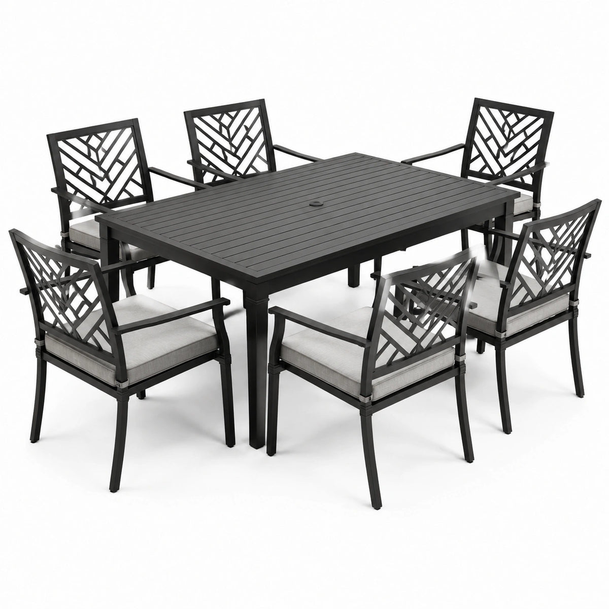 Conjunto de comedor de jardín negro con mesa de aluminio y 6 sillas con cojines grises