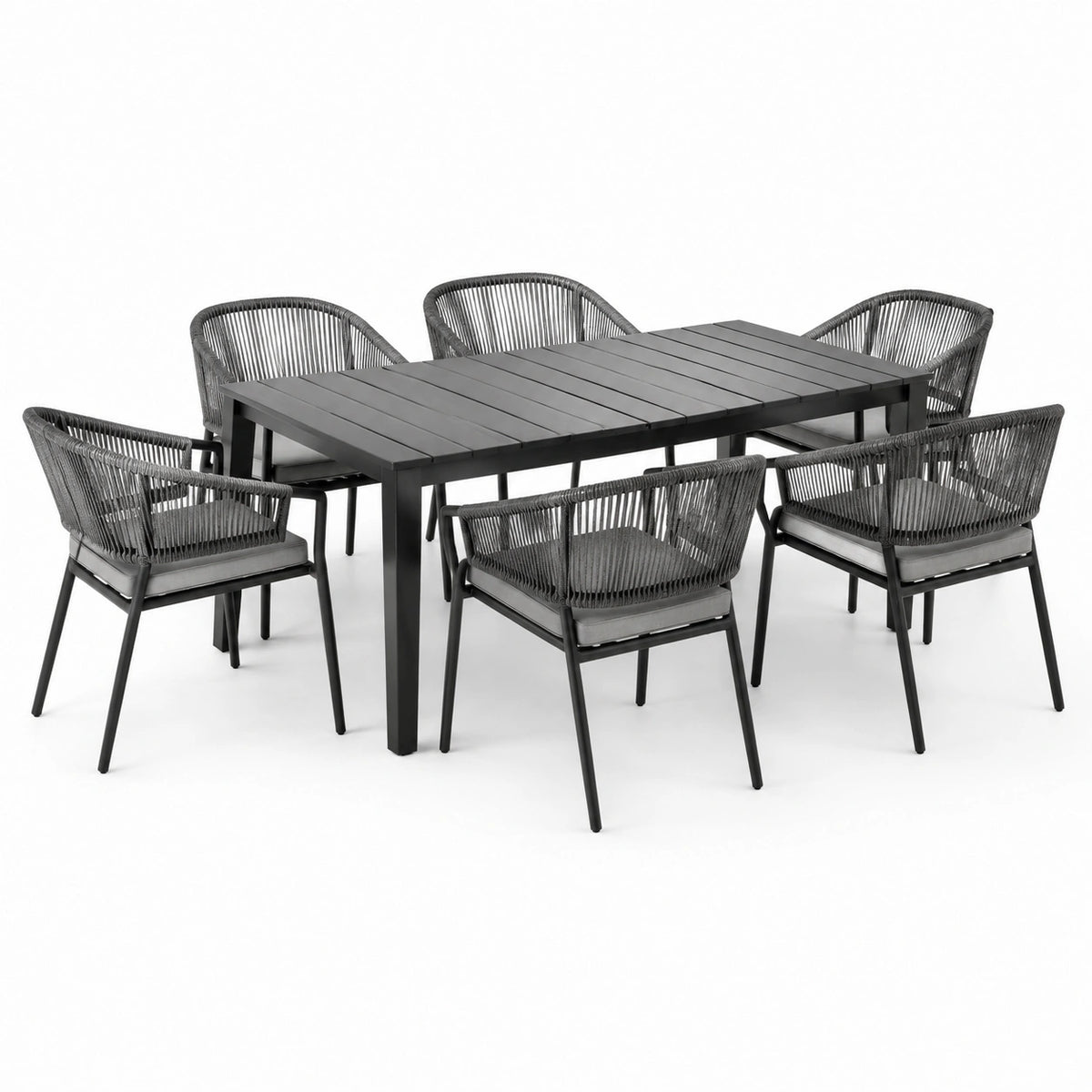 Conjunto de comedor de aluminio para exterior con 6 sillas de cuerda sintética gris