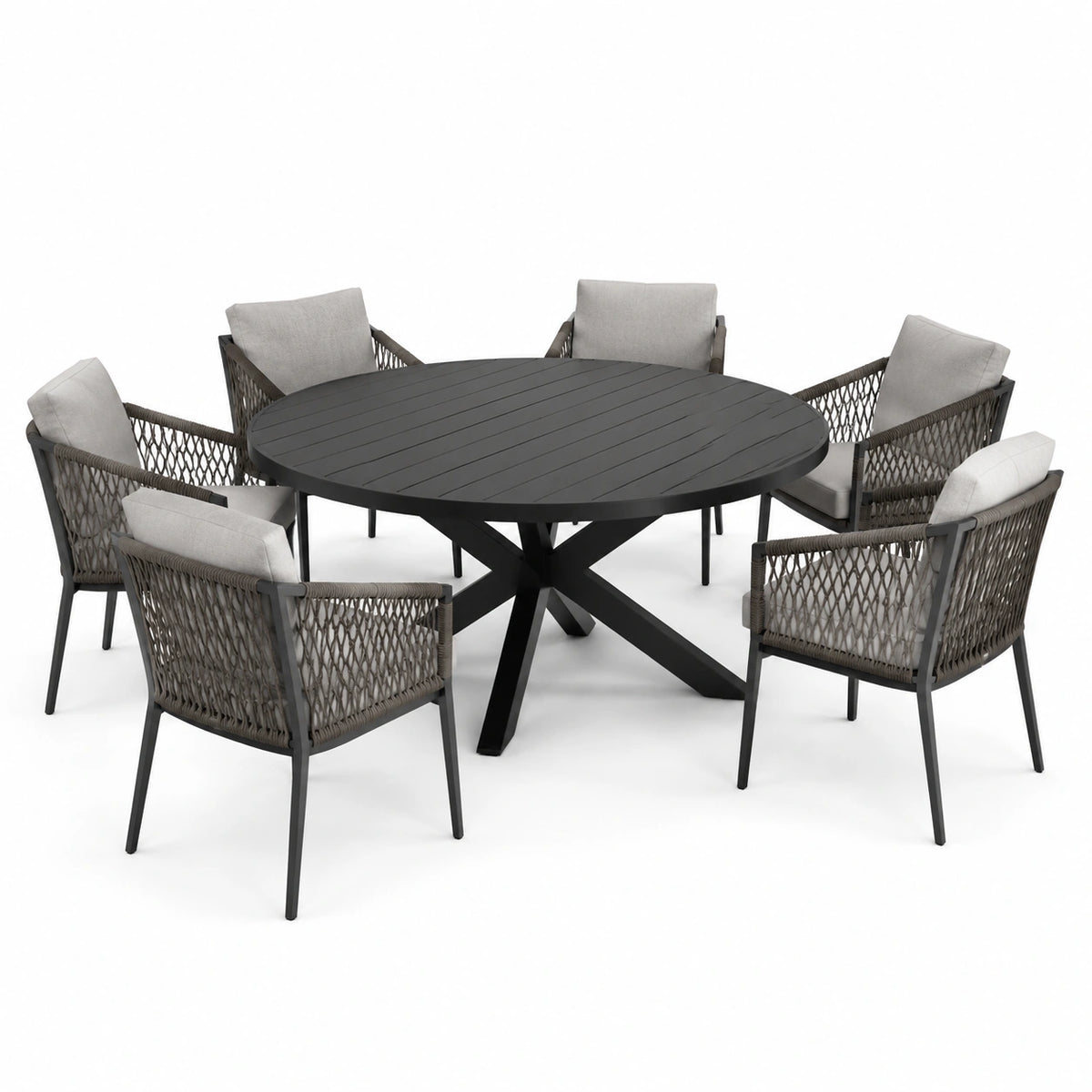 Conjunto de comedor de jardín redondo de aluminio 6 sillas cojines gris oscuro
