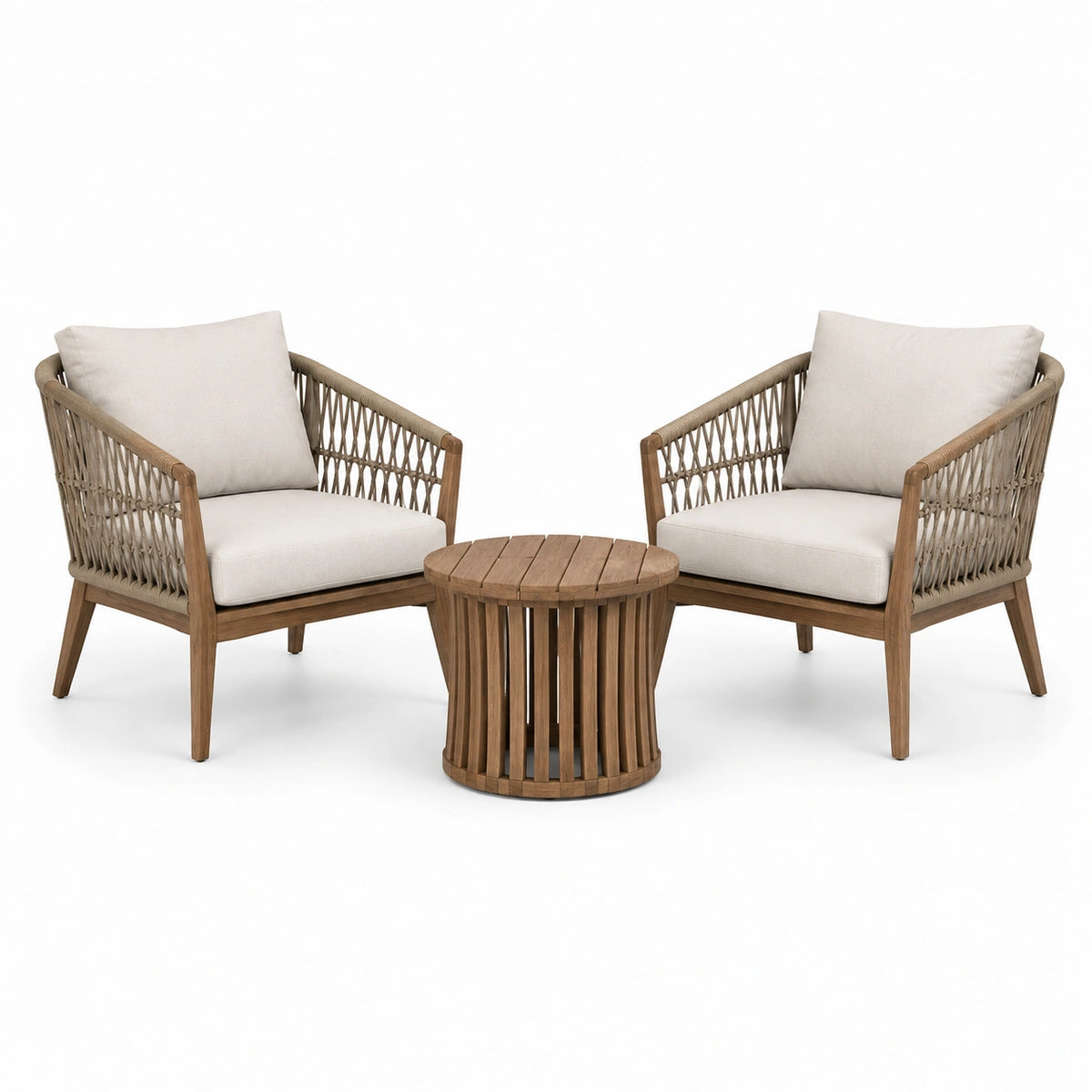 Conjunto de jardín con sillas de madera de teca y mesa redonda