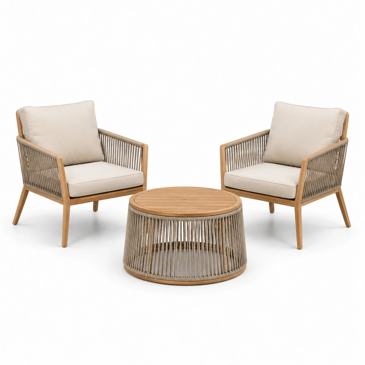 Conjunto de jardín con sillones y mesa redonda en madera y cuerda beige