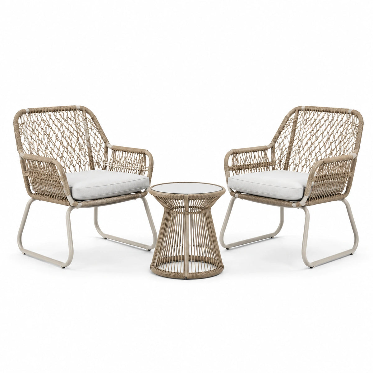 Conjunto de jardín con 2 sillones de cuerda y mesa de centro beige