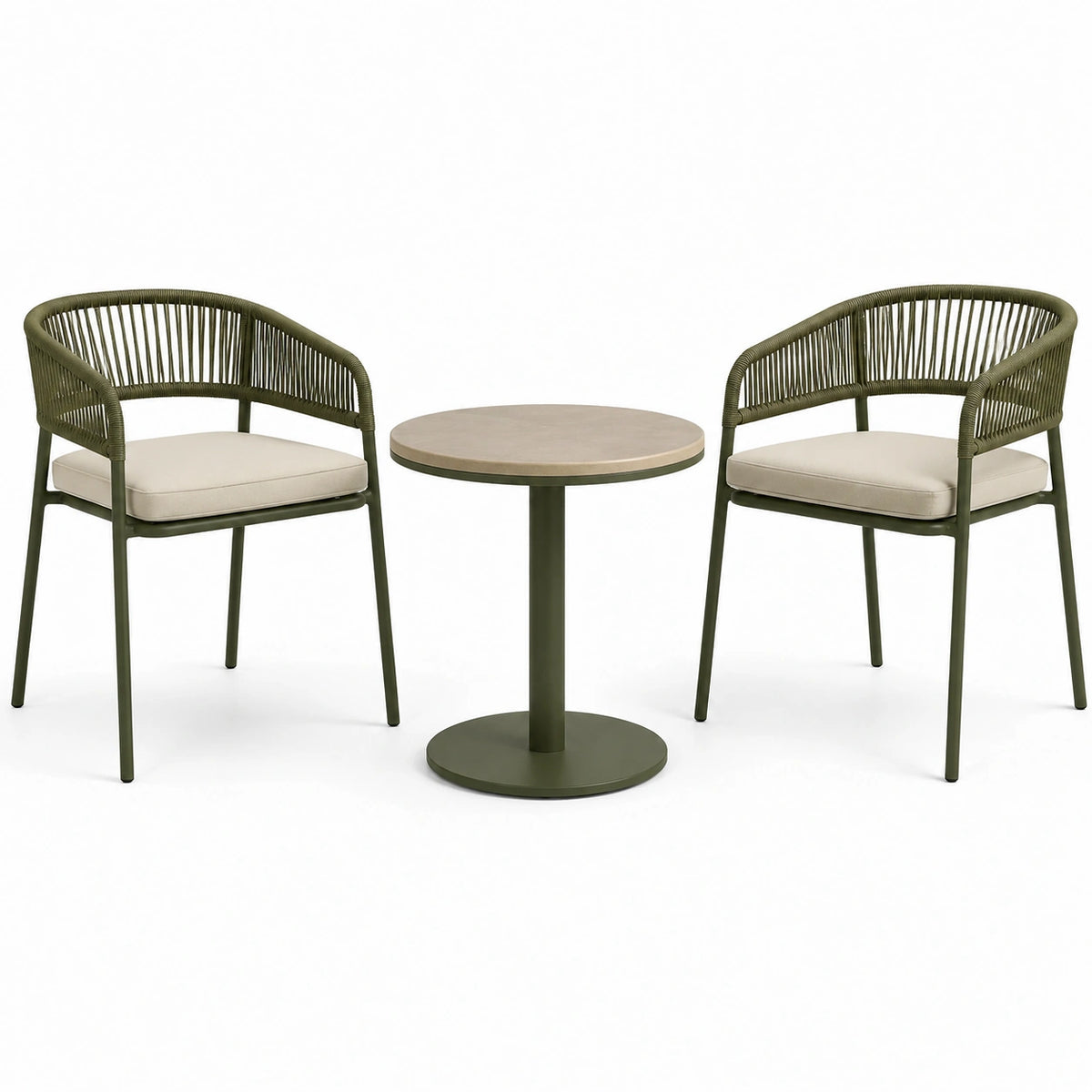 Conjunto de jardín de aluminio con mesa y 2 sillas de cuerda verde