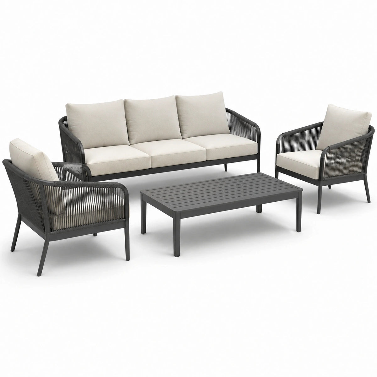 Conjunto de jardín 4 piezas con sofá de 3 plazas y sillones, aluminio y cuerda, cojines beige