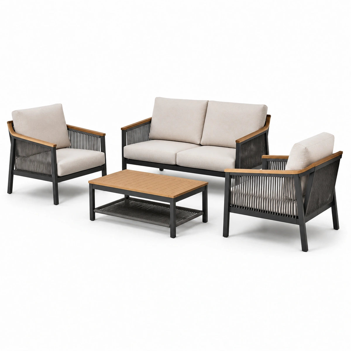Conjunto de muebles de jardín de aluminio y cuerda sintética con cojines beige