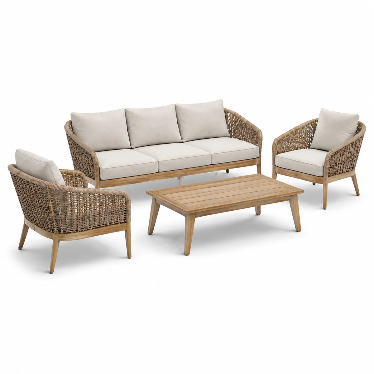 Conjunto de muebles de jardín de madera y ratán sintético con cojines beige