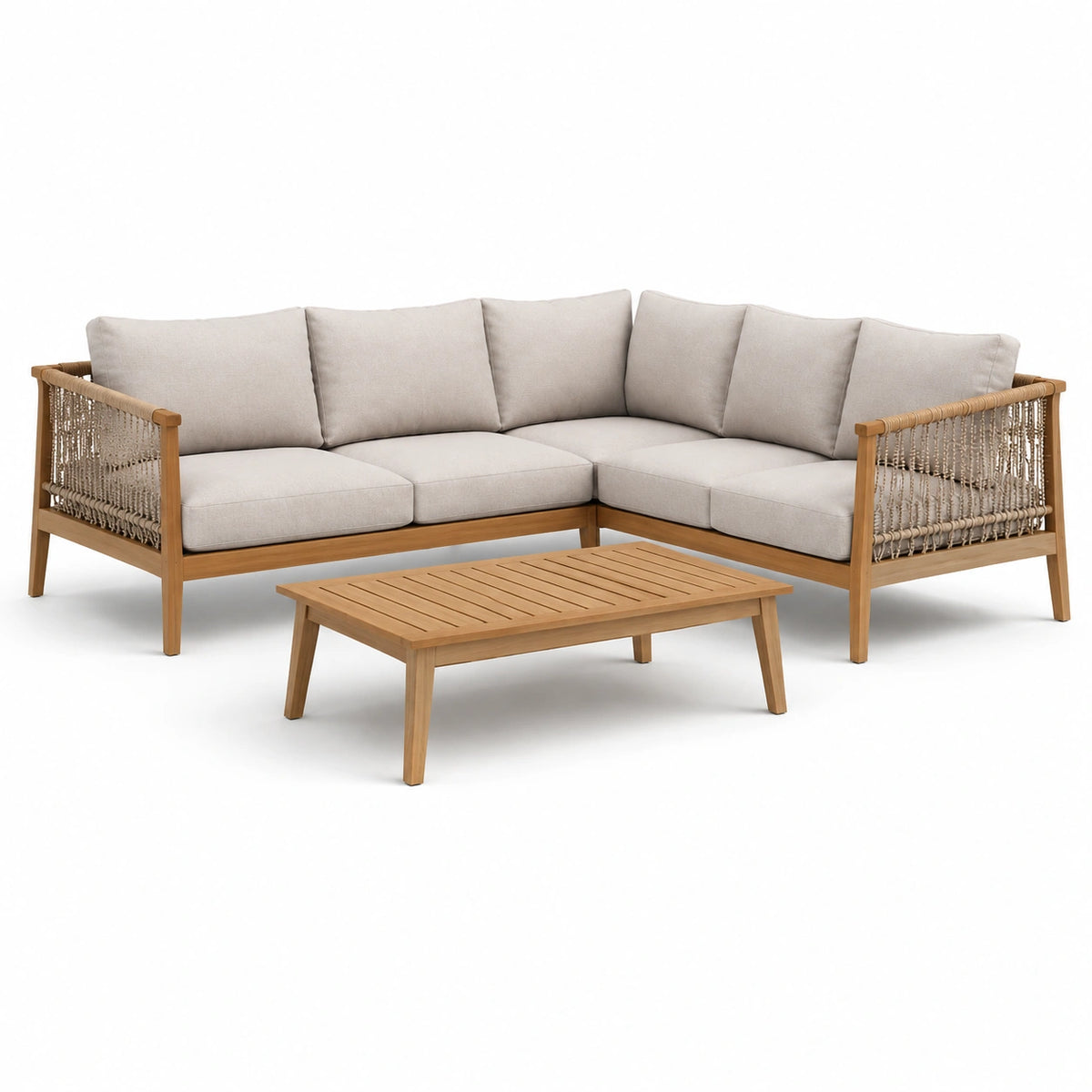 Conjunto de sofá de esquina de madera y mesa de centro