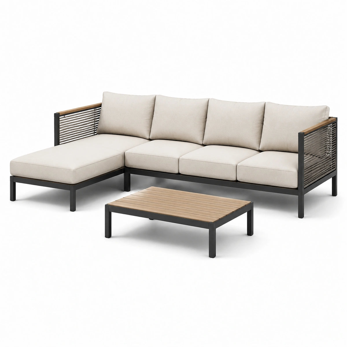 Conjunto de Sofá Esquinero para Exterior con Cojines Beige y Mesa de Aluminio y Acacia