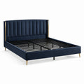 Cama de Matrimonio de Terciopelo Azul con Patas de Metal Dorado